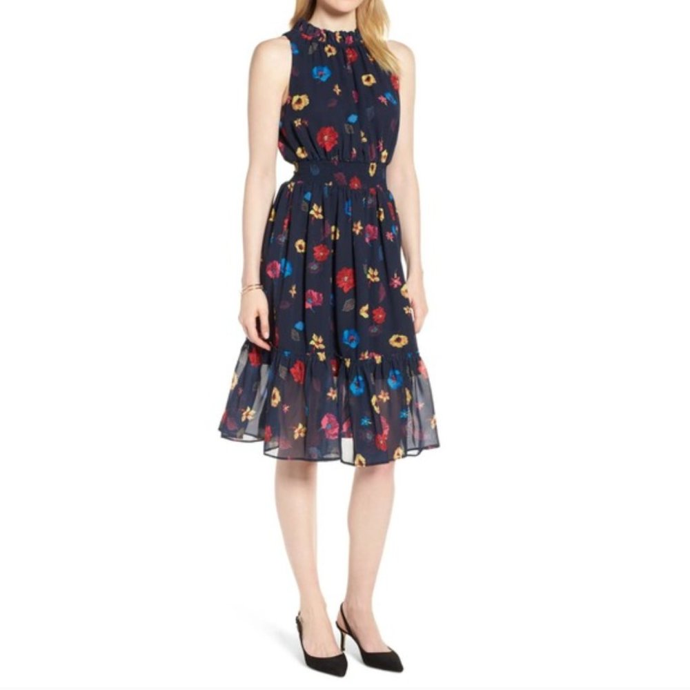 1901 Navy Floral Midi Dress with Red, Yellow & Blue Accents